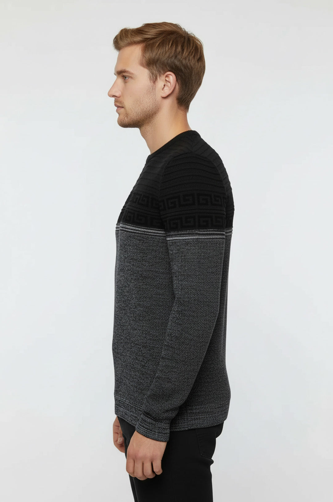 İki Renkli Göğüs Desenli Yuvarlak Yaka Gri Erkek Triko - Wessi