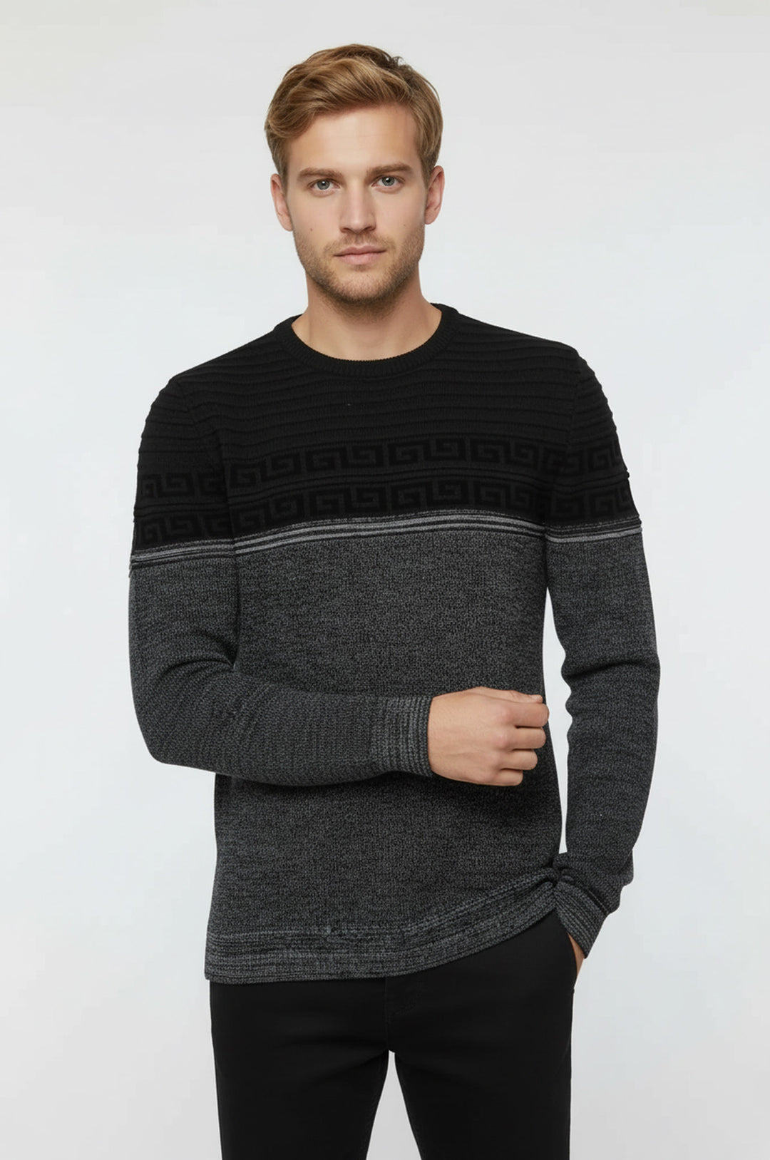 İki Renkli Göğüs Desenli Yuvarlak Yaka Gri Erkek Triko - Wessi