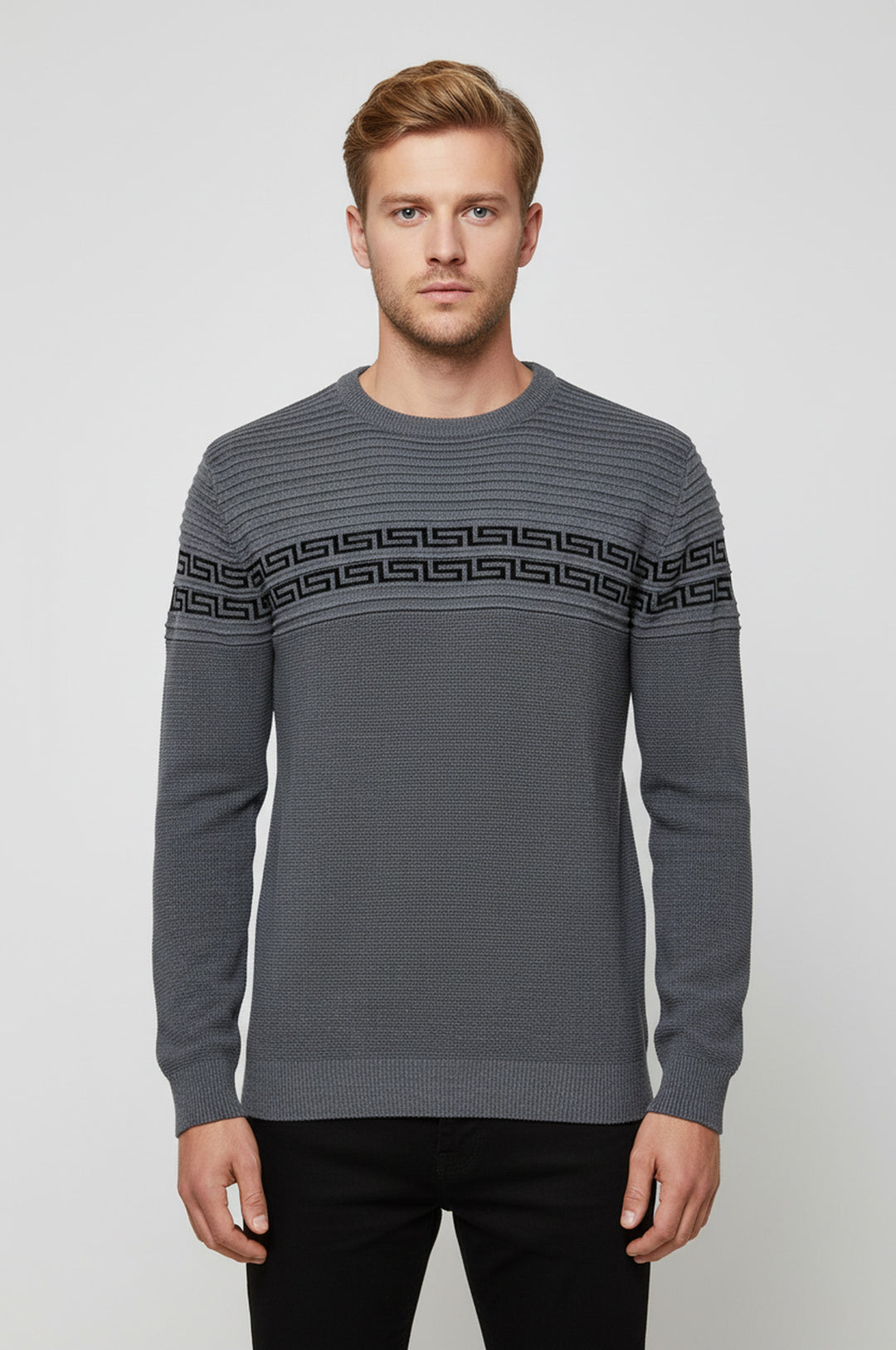 Gri Göğüs Detaylı Bisiklet Yaka Triko - Wessi