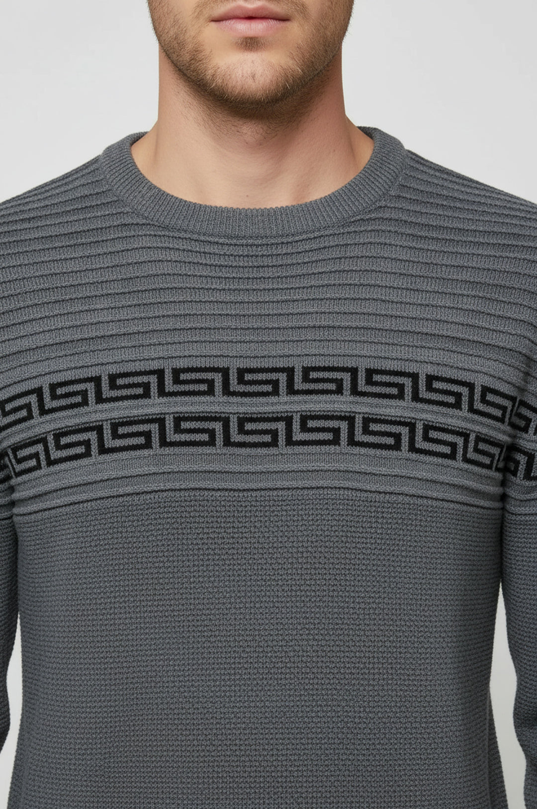 Gri Göğüs Detaylı Bisiklet Yaka Triko - Wessi