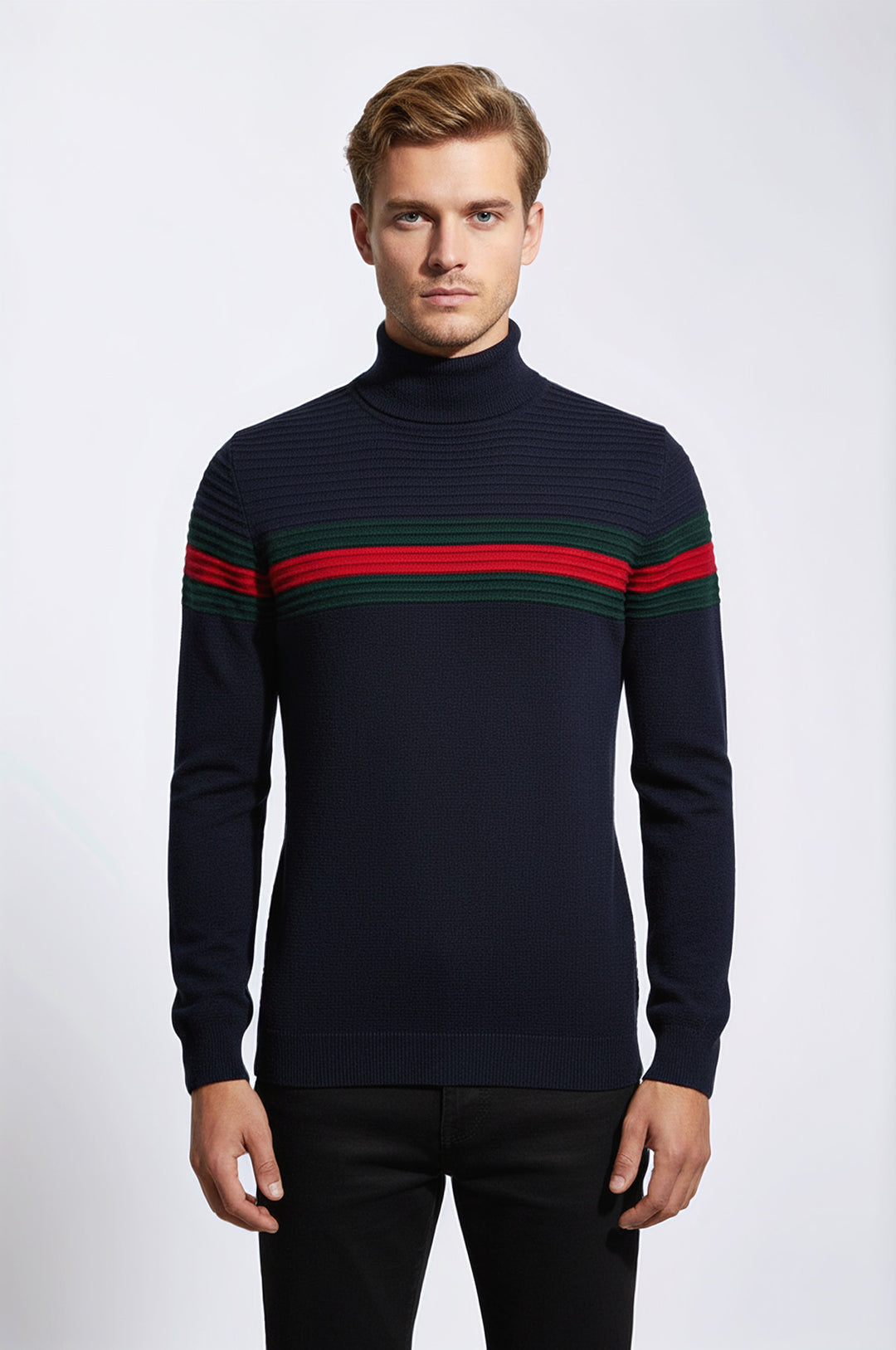 Göğüs Desenli Balıkçı Yaka Lacivert Erkek Triko - Wessi