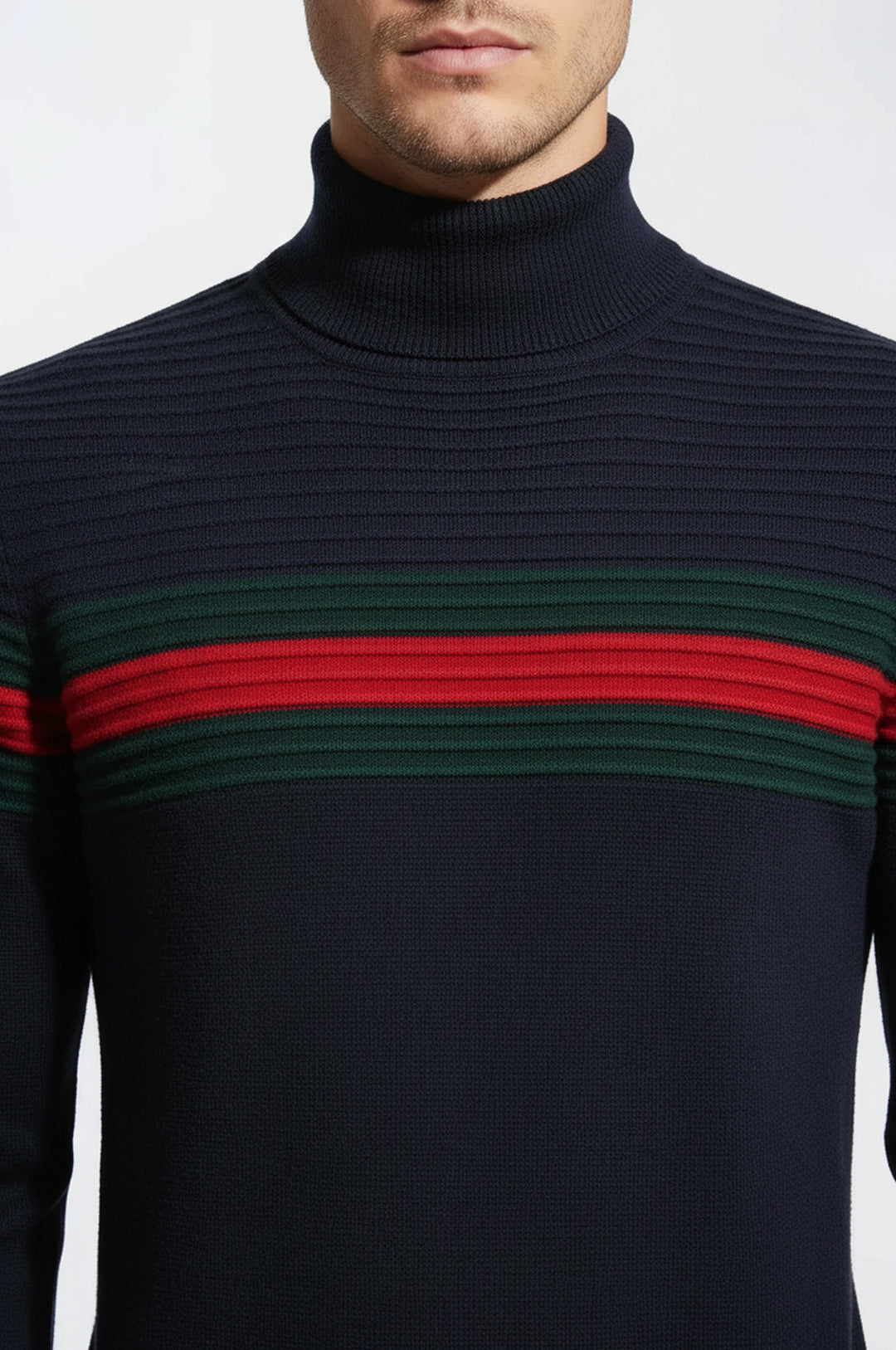 Göğüs Desenli Balıkçı Yaka Lacivert Erkek Triko - Wessi