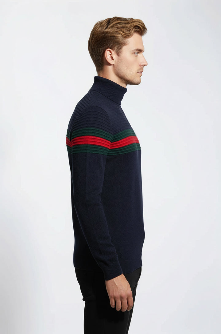 Göğüs Desenli Balıkçı Yaka Lacivert Erkek Triko - Wessi