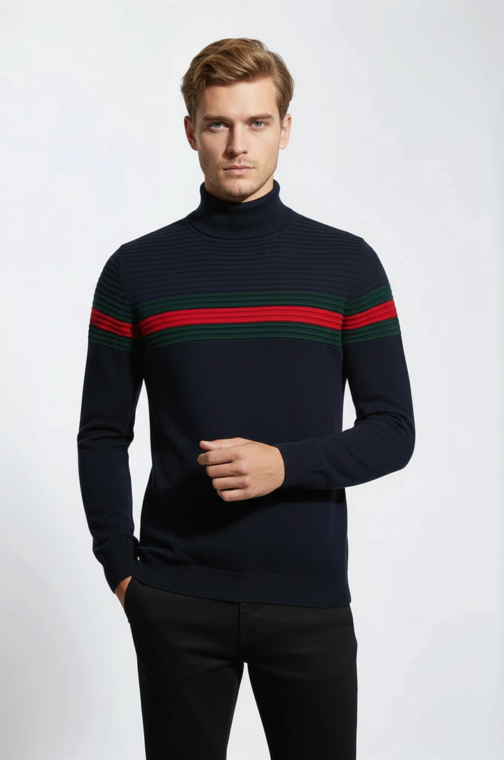 Göğüs Desenli Balıkçı Yaka Lacivert Erkek Triko - Wessi