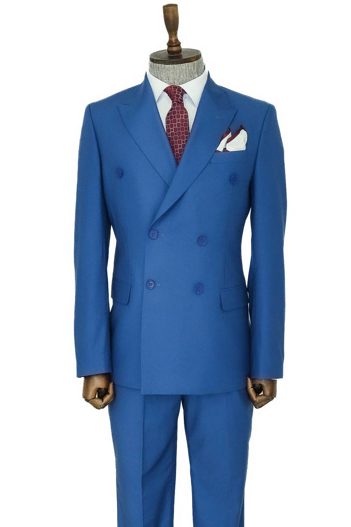 Geniş Sivri Yakalı Slim Fit Mavi Erkek Kruvaze Takım Elbise - Wessi