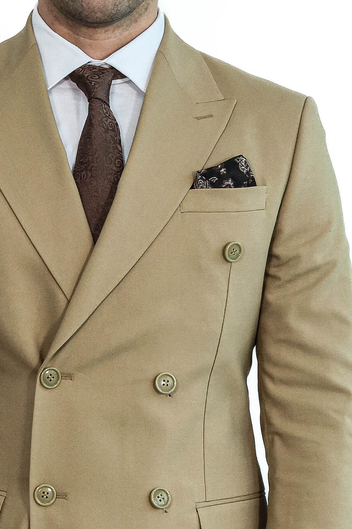 Geniş Sivri Yakalı Slim Fit Bej Erkek Kruvaze Takım Elbise - Wessi