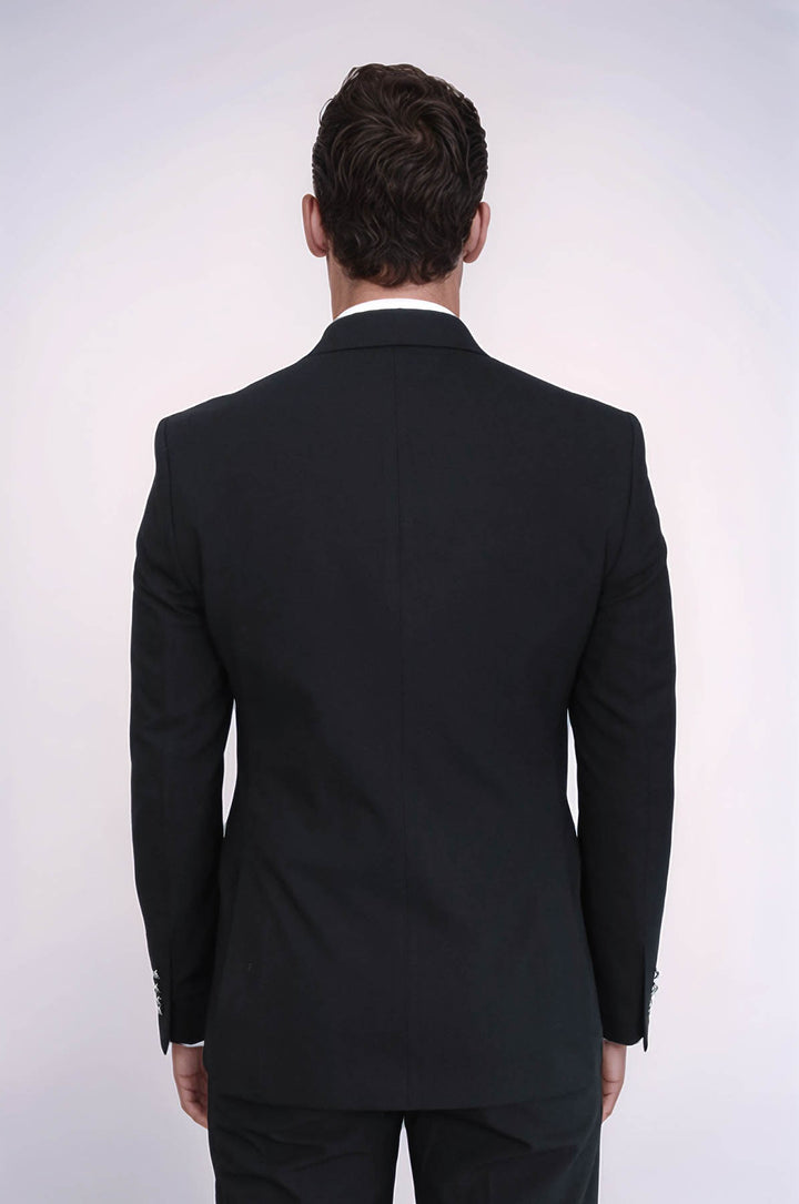 Gümüş Düğmeli Slim Fit Kruvaze Siyah Erkek Takım Elbise – Wessi