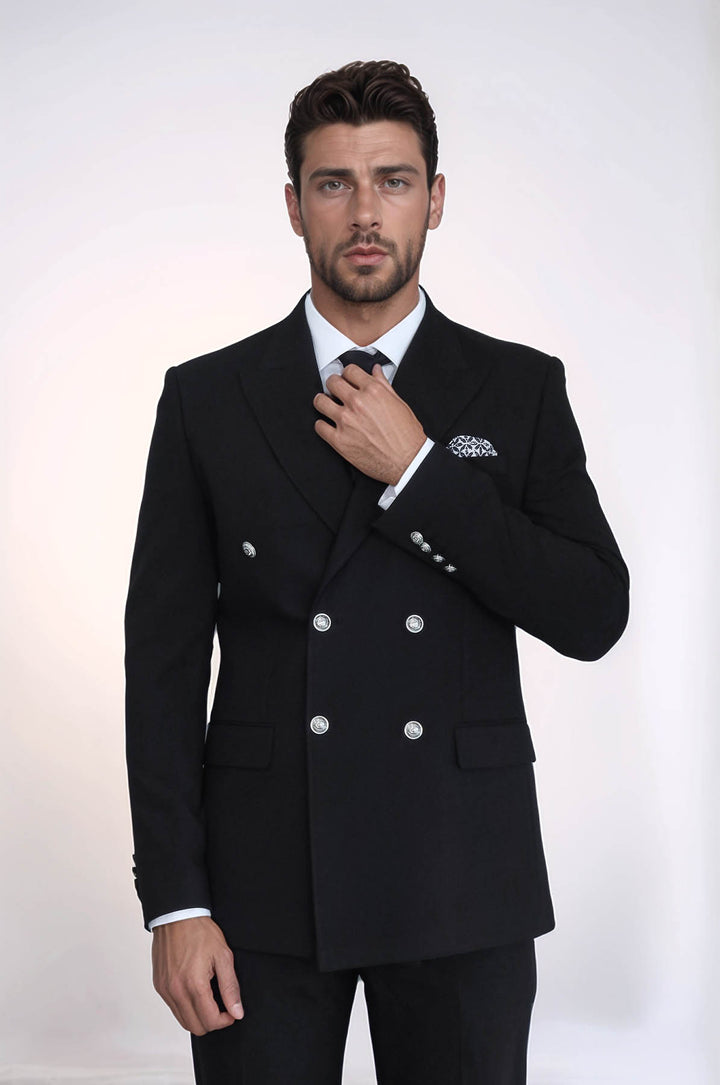 Gümüş Düğmeli Slim Fit Kruvaze Siyah Erkek Takım Elbise – Wessi