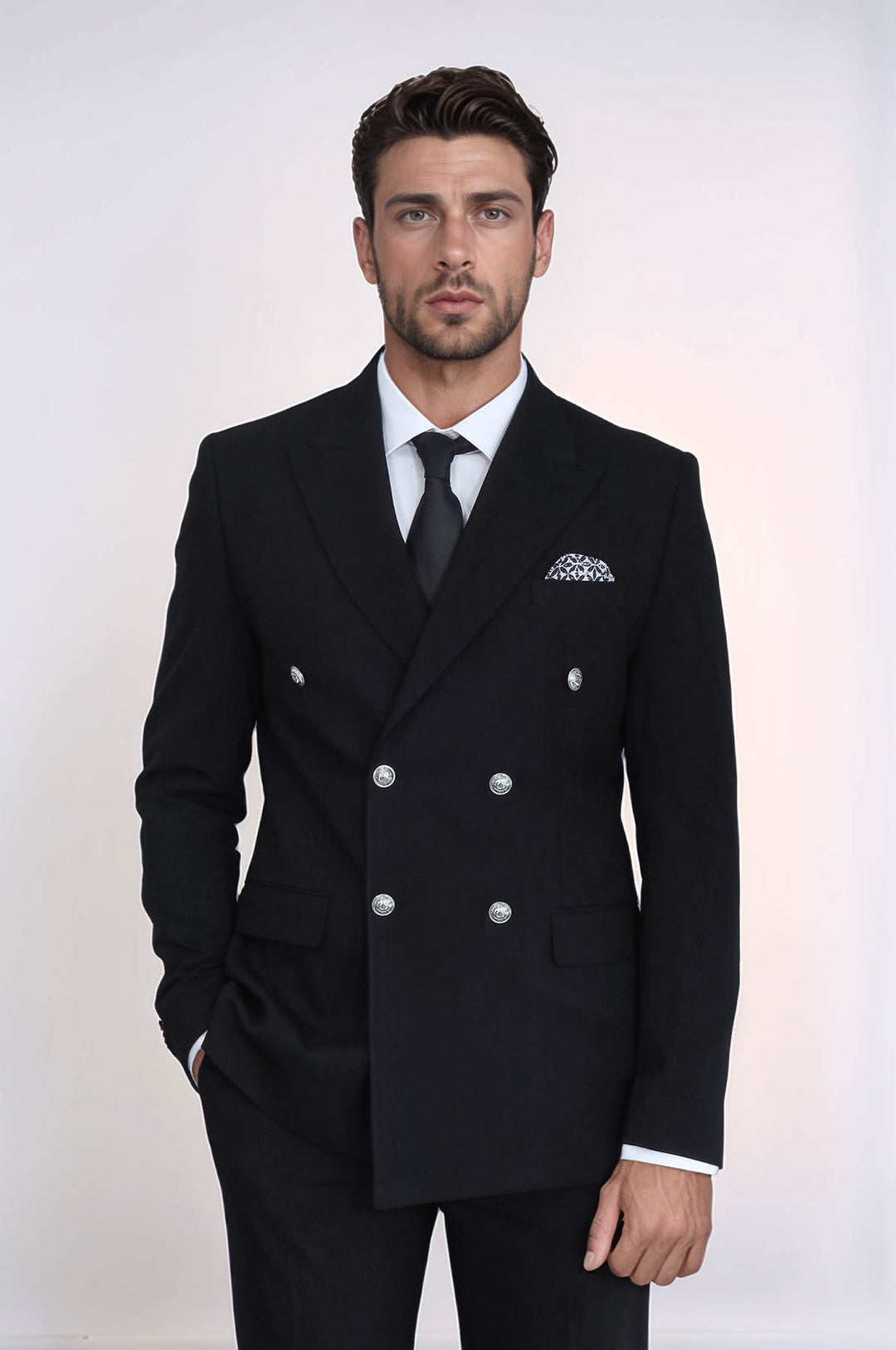 Gümüş Düğmeli Slim Fit Kruvaze Siyah Erkek Takım Elbise – Wessi
