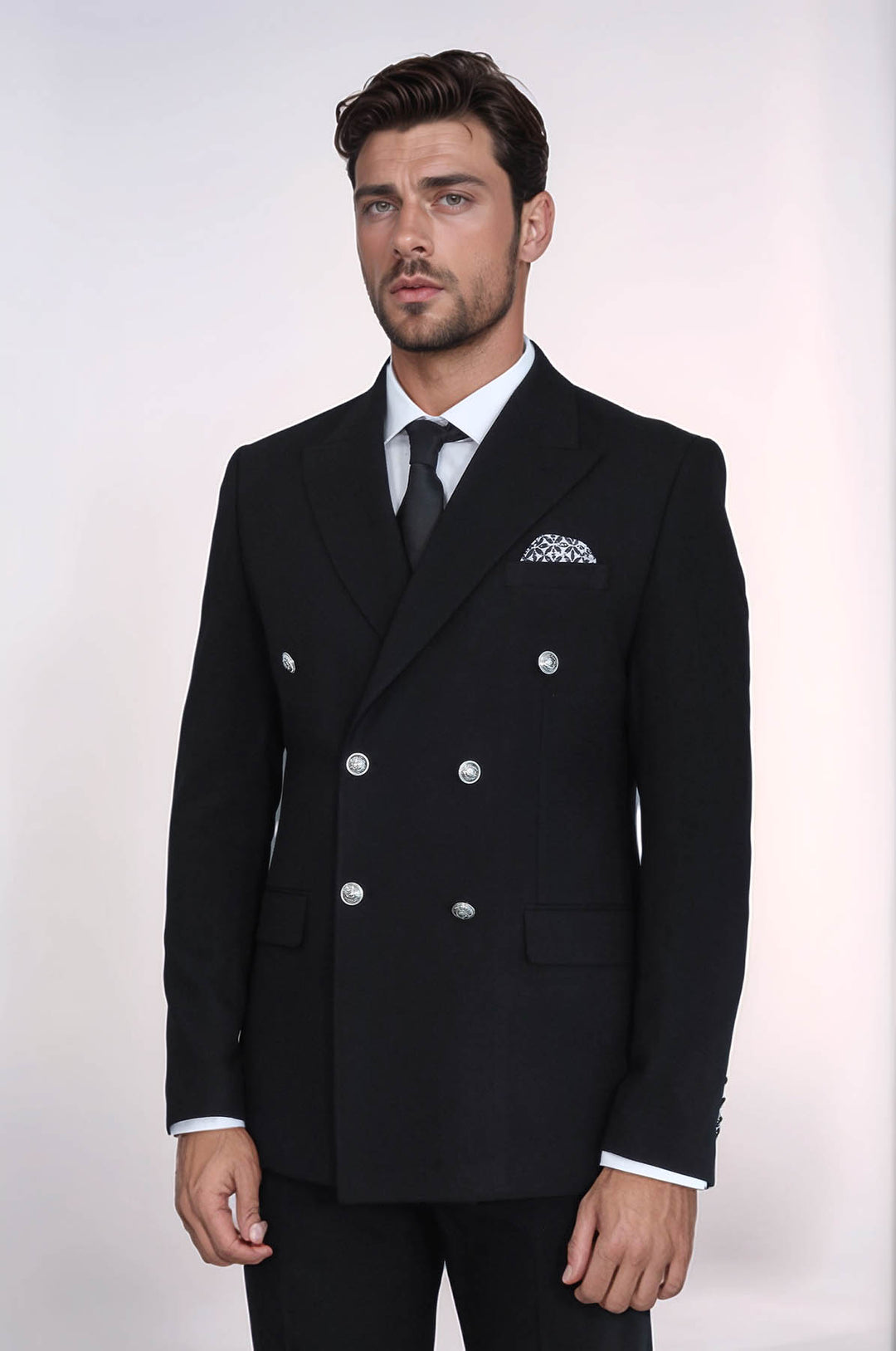 Gümüş Düğmeli Slim Fit Kruvaze Siyah Erkek Takım Elbise – Wessi