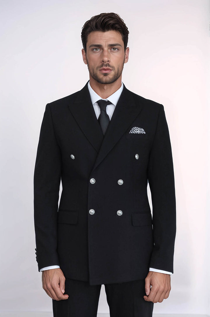 Gümüş Düğmeli Slim Fit Kruvaze Siyah Erkek Takım Elbise – Wessi
