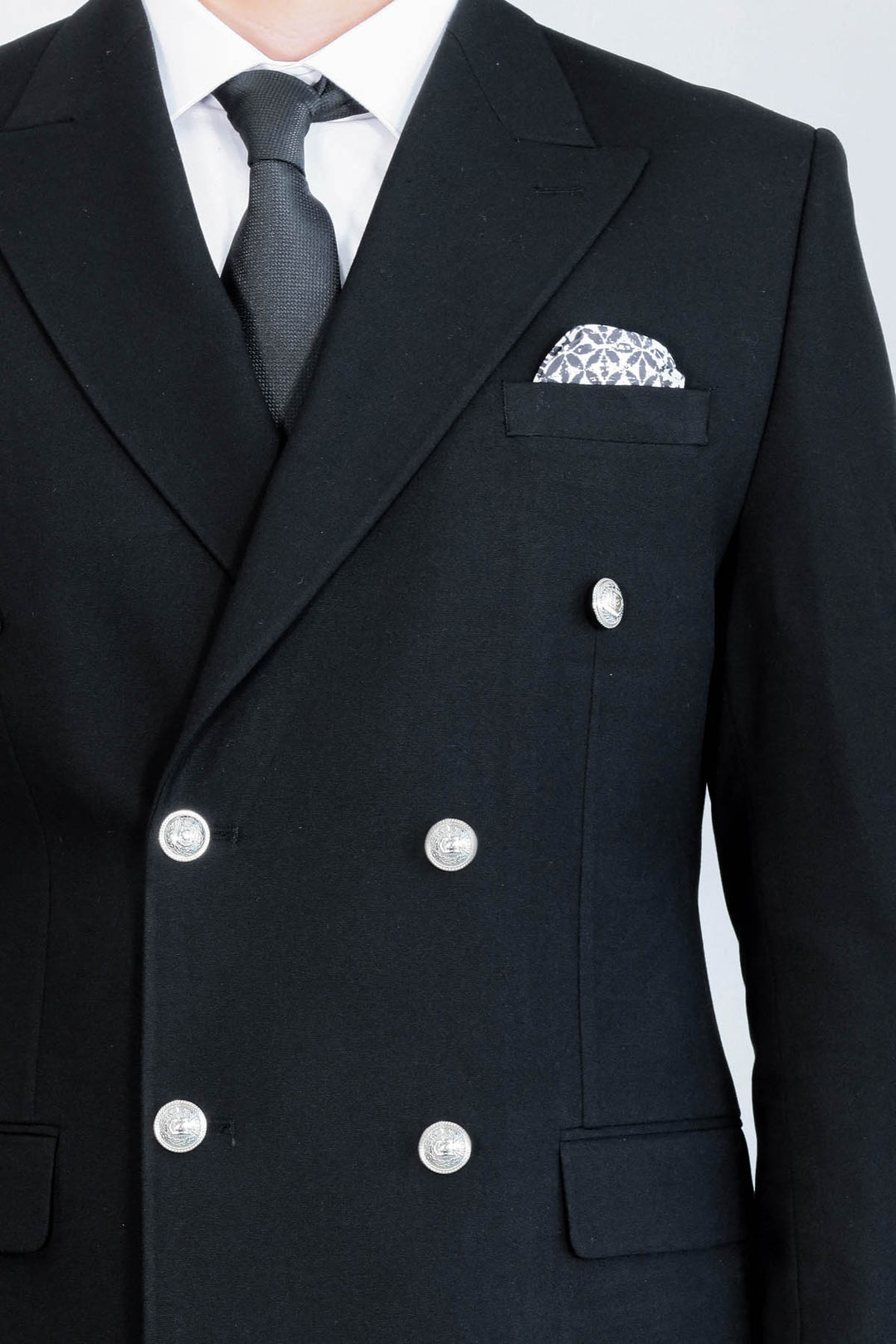 Gümüş Düğmeli Slim Fit Kruvaze Siyah Erkek Takım Elbise – Wessi