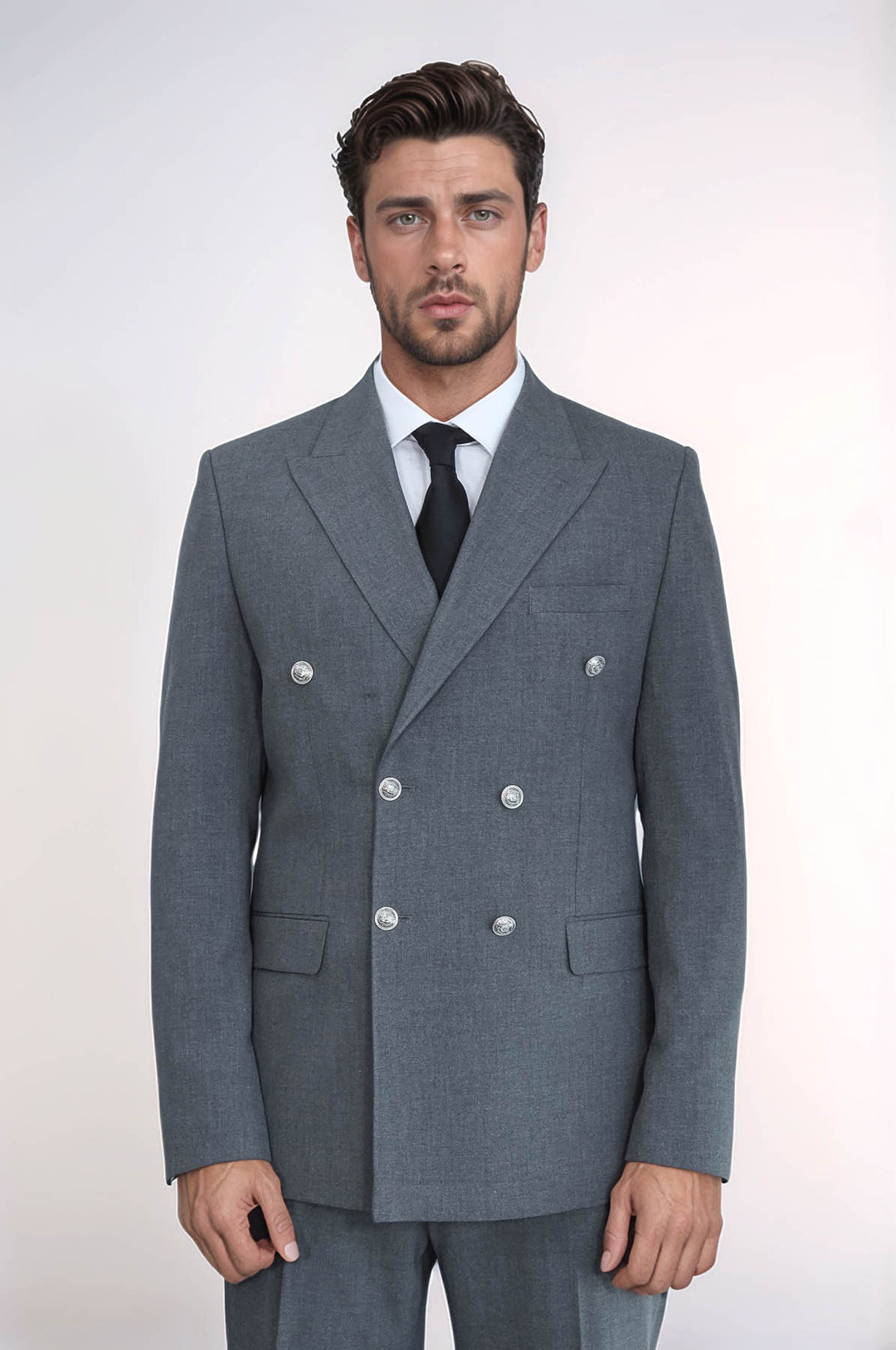 Gümüş Renk Metal Düğmeli Slim Fit Kruvaze Gri Erkek Takım Elbise – Wessi