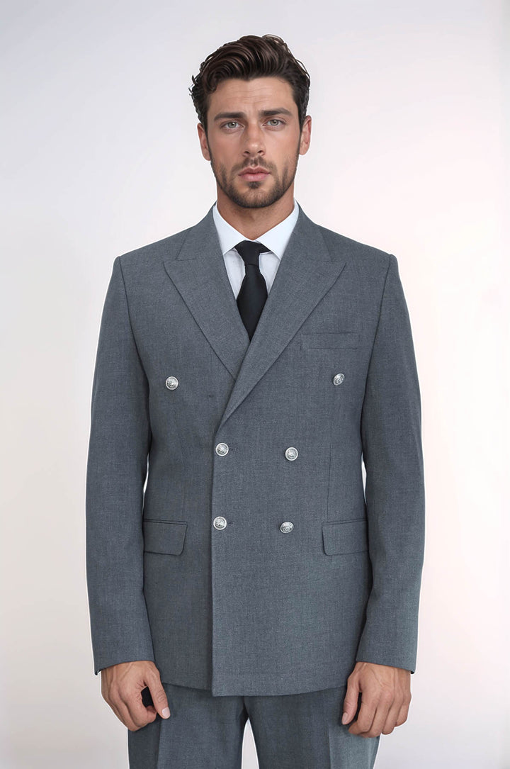 Gümüş Renk Metal Düğmeli Slim Fit Kruvaze Gri Erkek Takım Elbise – Wessi