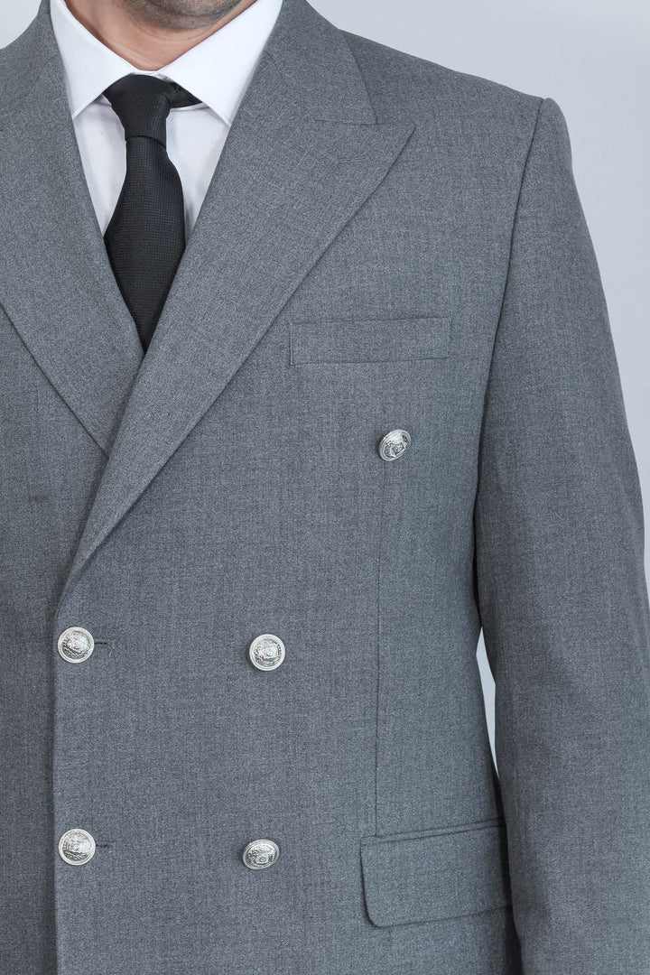 Gümüş Renk Metal Düğmeli Slim Fit Kruvaze Gri Erkek Takım Elbise – Wessi