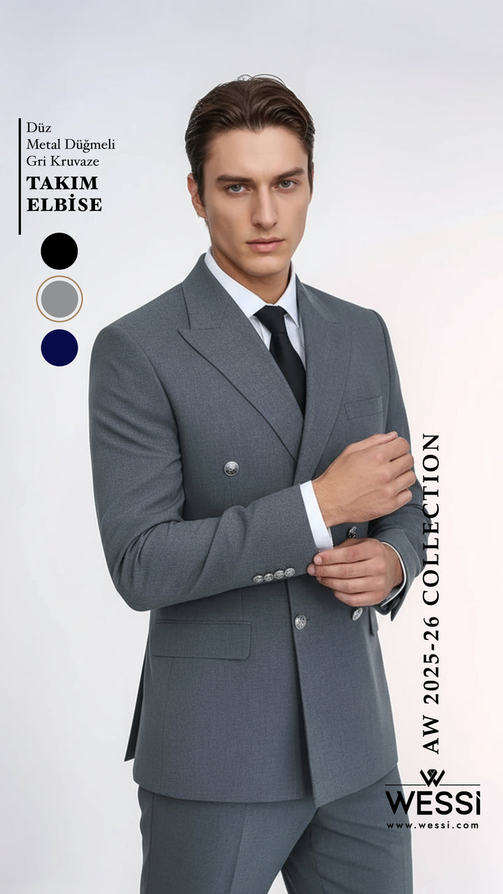 Gümüş Renk Metal Düğmeli Slim Fit Kruvaze Gri Erkek Takım Elbise – Wessi