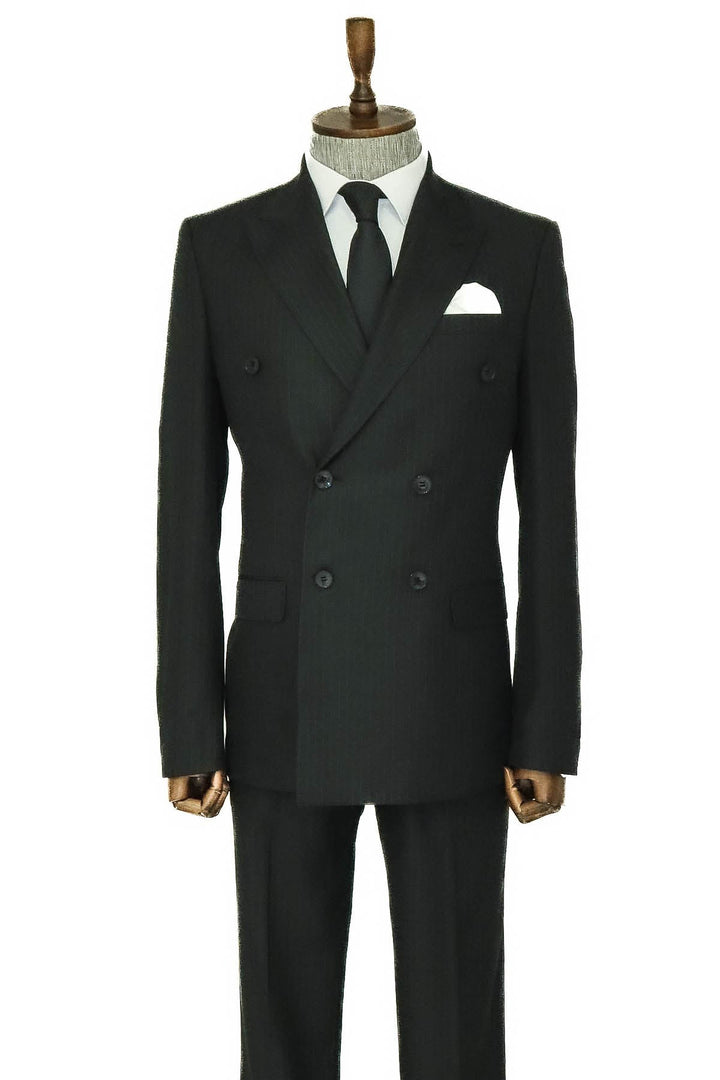 Çizgili Geniş Yakalı Siyah Erkek Kruvaze Takım Elbise - Wessi