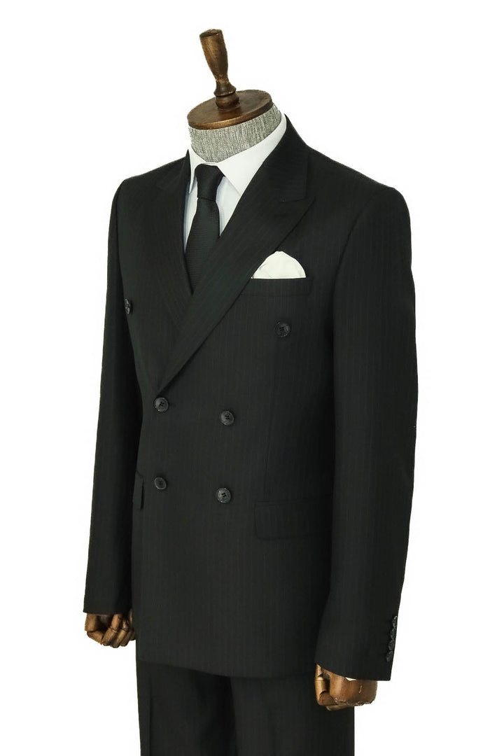 Çizgili Geniş Yakalı Siyah Erkek Kruvaze Takım Elbise - Wessi