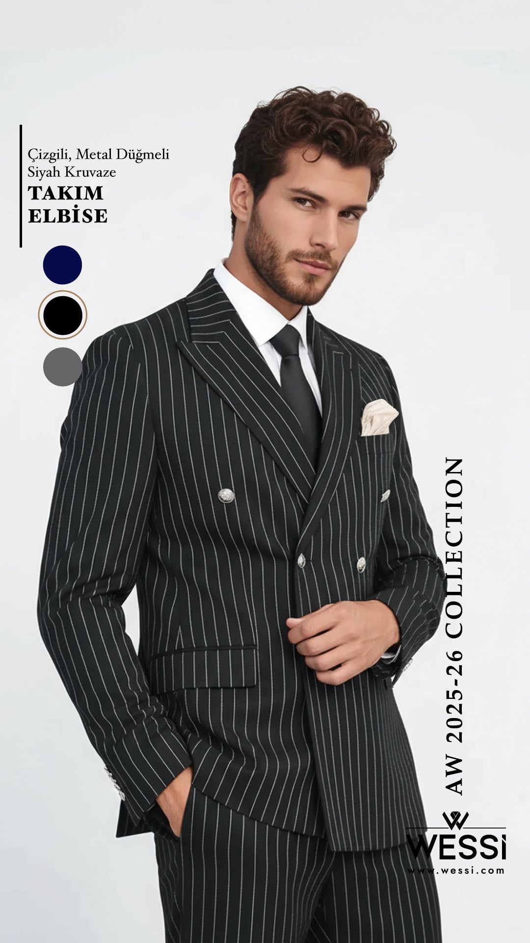 Çizgili Kruvaze Düğme Detaylı Siyah Erkek Takım Elbise - Wessi