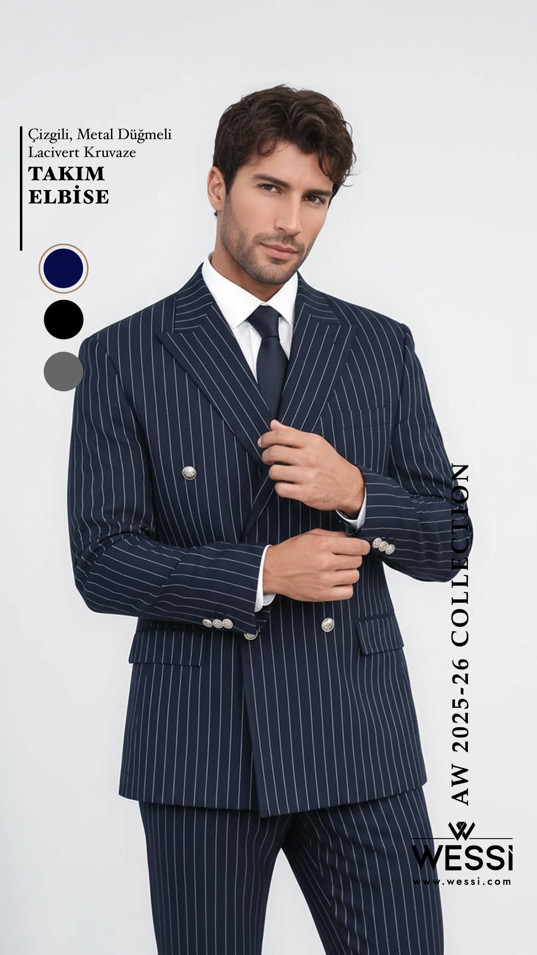 Çizgili Kruvaze Düğme Detaylı Lacivert Erkek Takım Elbise - Wessi