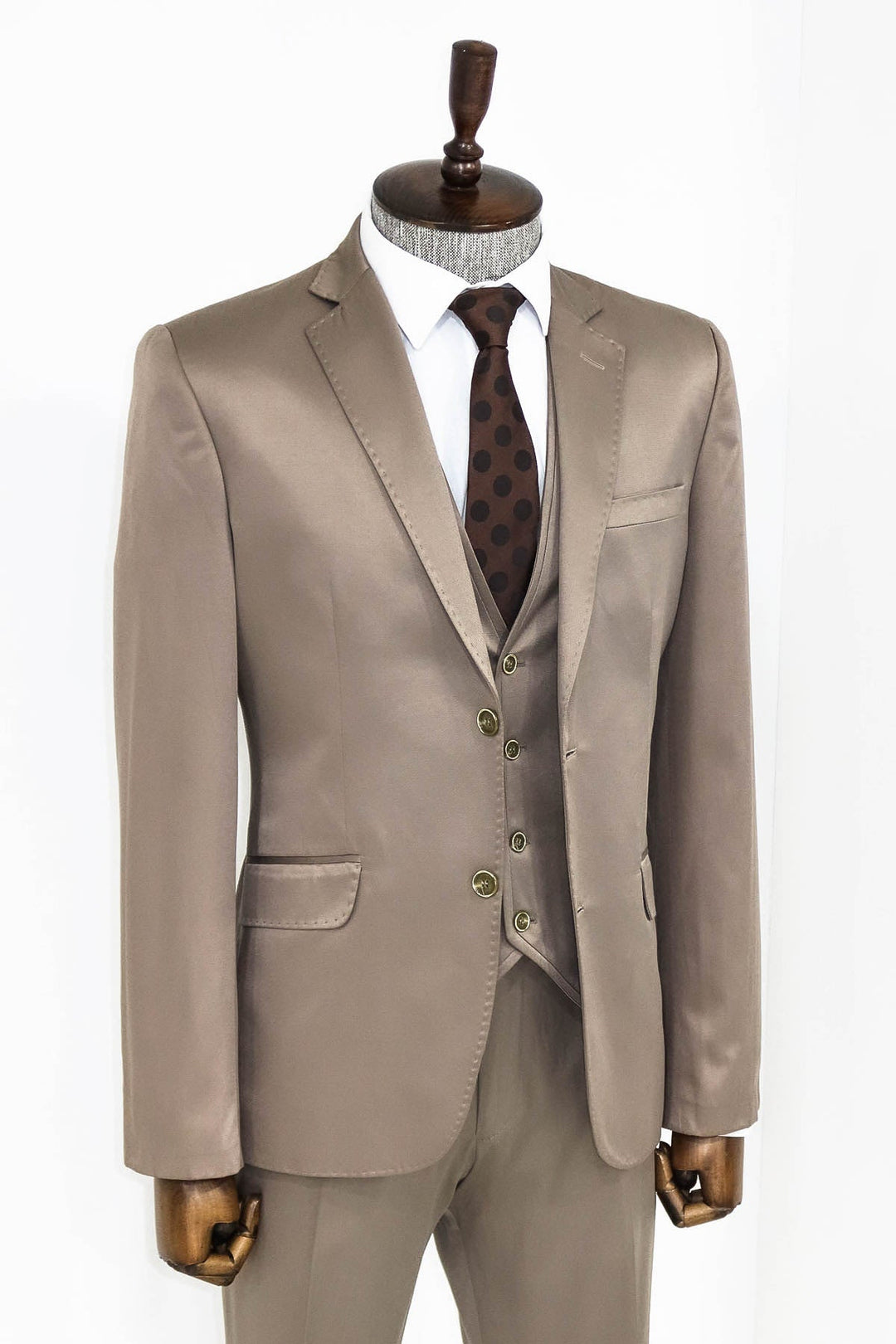 Desensiz Yelekli Açık Kahverengi Erkek Takım Elbise - Wessi