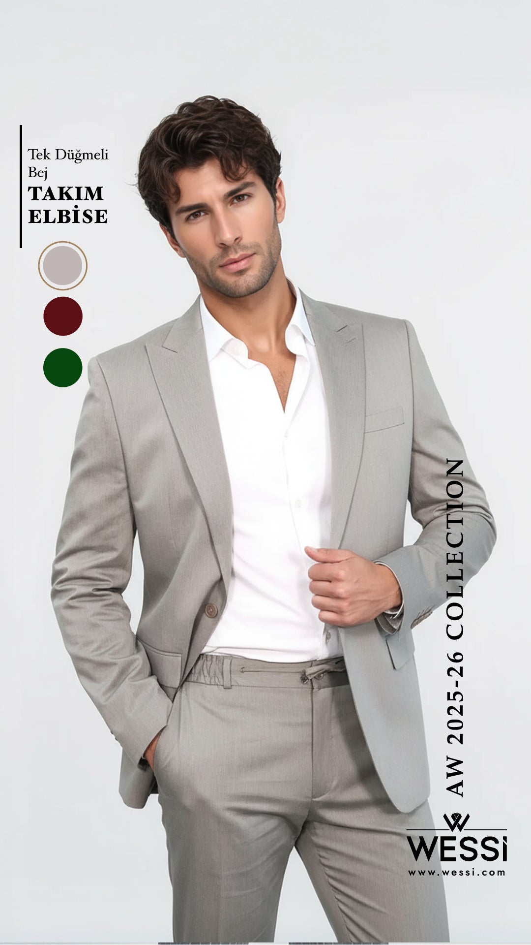 Tek Düğmeli Bej Erkek İkili Takım Elbise - Wessi