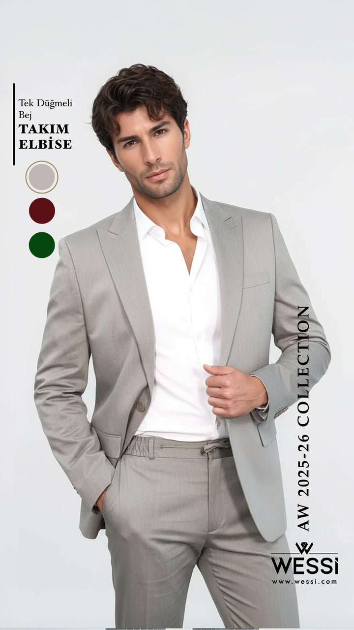 Tek Düğmeli Bej Erkek İkili Takım Elbise - Wessi