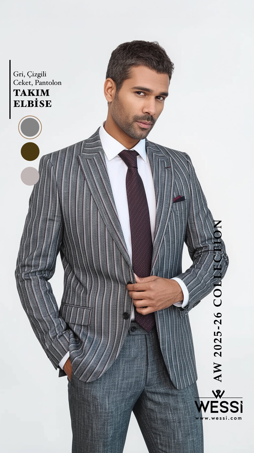 Çizgili Ceket Pantolon Gri Erkek Takım Elbise - Wessi