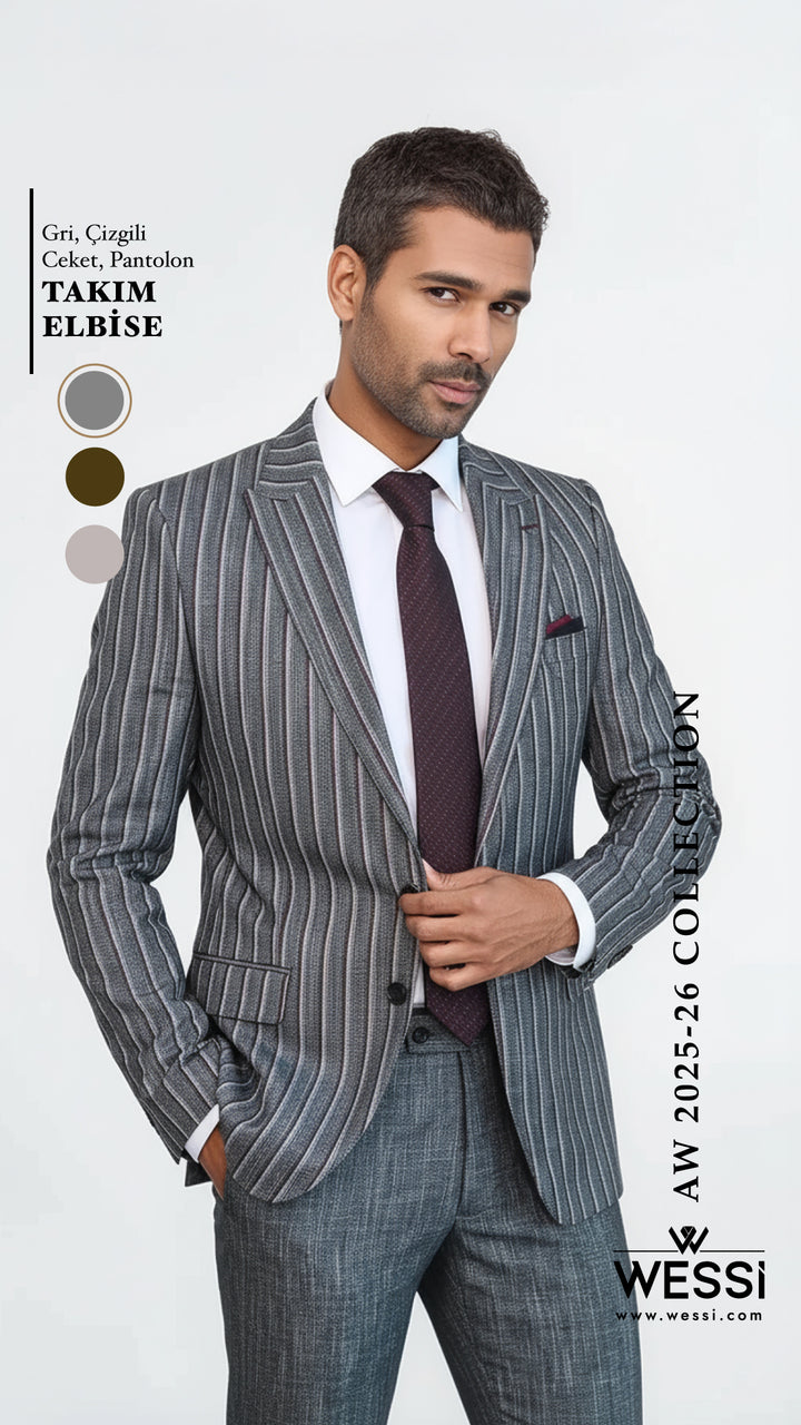Çizgili Ceket Pantolon Gri Erkek Takım Elbise - Wessi
