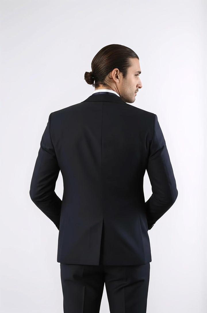 Yaka Saten Şeritli Lacivert Damatlık Takım Elbise | Wessi