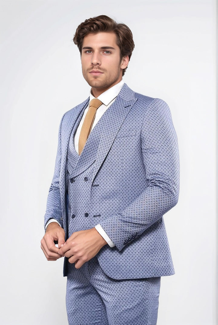 Kendinden Desenli Mavi Yelekli Takım Elbise | Wessi