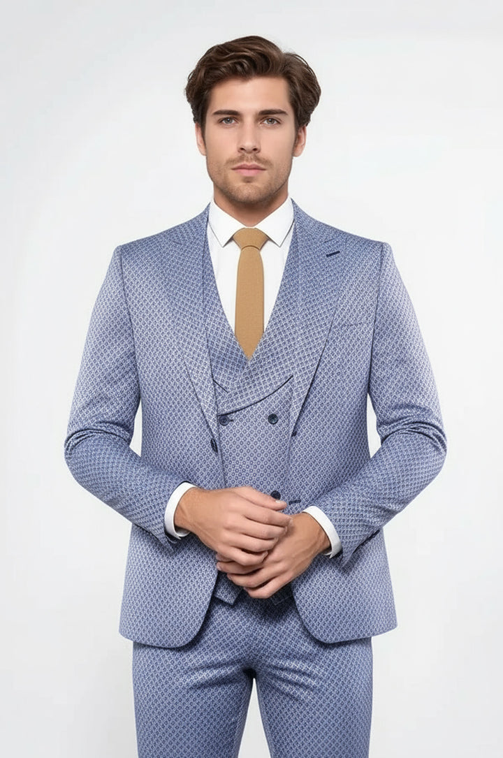 Kendinden Desenli Mavi Yelekli Takım Elbise | Wessi