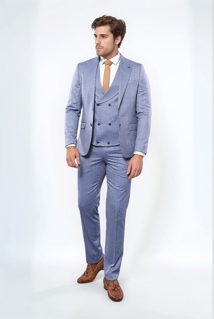 Kendinden Desenli Mavi Yelekli Takım Elbise | Wessi