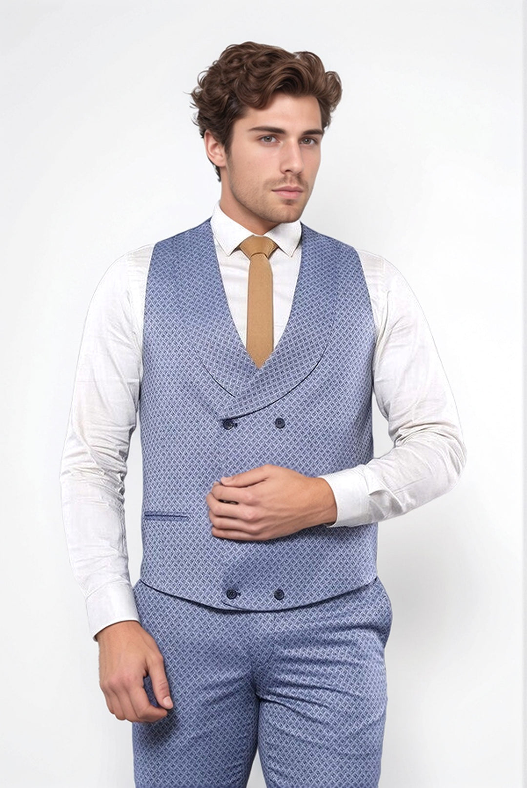 Kendinden Desenli Mavi Yelekli Takım Elbise | Wessi