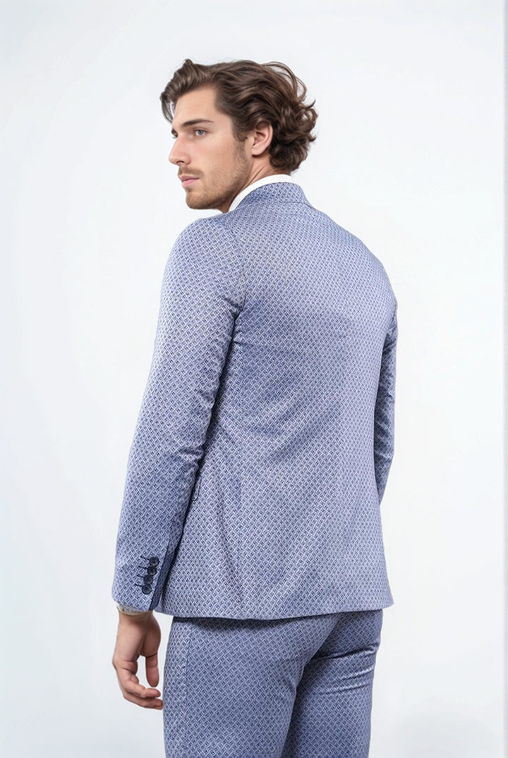 Kendinden Desenli Mavi Yelekli Takım Elbise | Wessi