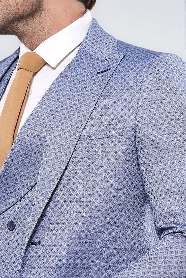 Kendinden Desenli Mavi Yelekli Takım Elbise | Wessi