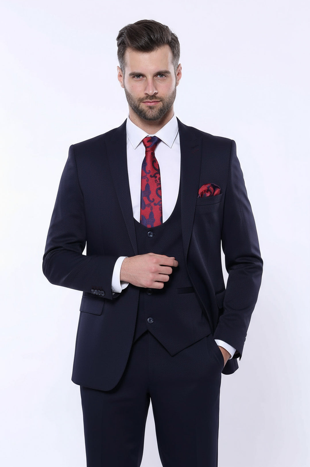 Kendinden Desenli Sivri Yaka Lacivert Yelekli Takım Elbise | Wessi