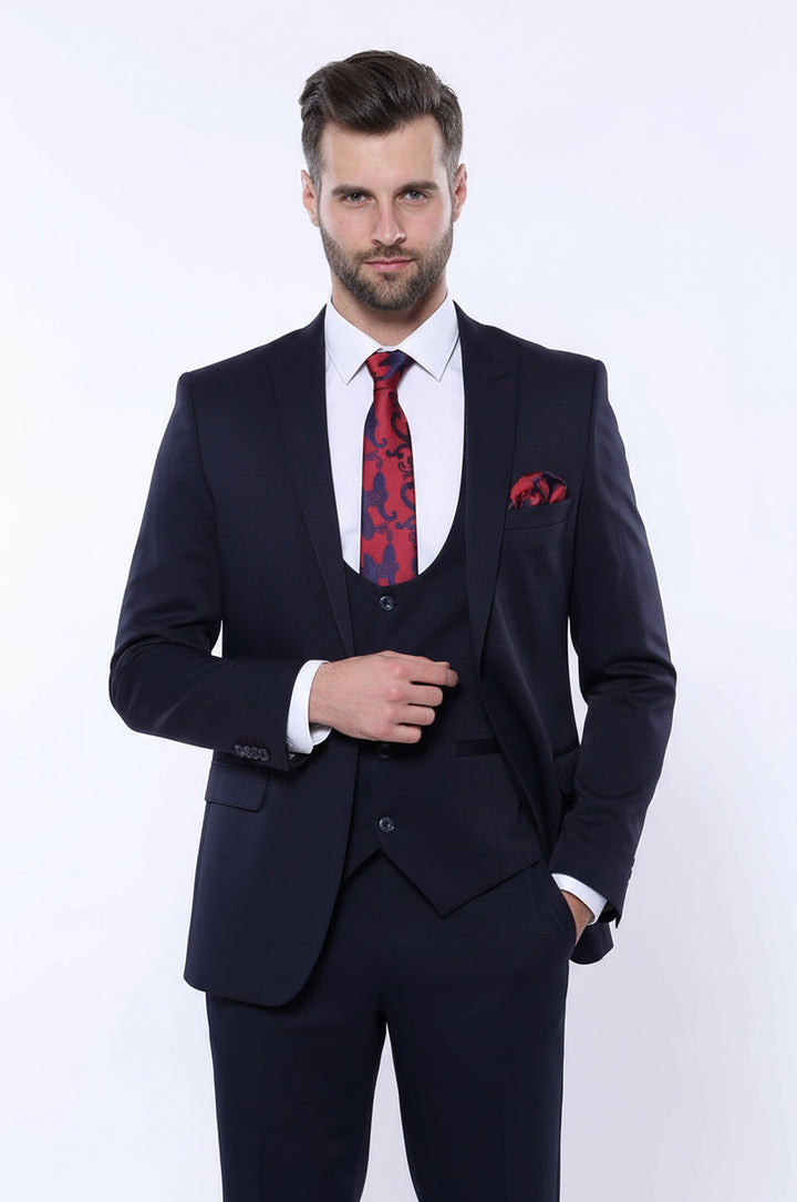 Kendinden Desenli Sivri Yaka Lacivert Yelekli Takım Elbise | Wessi