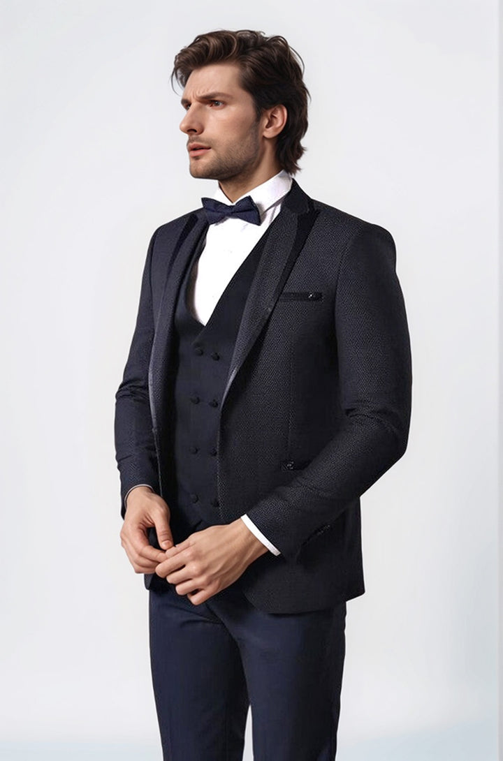 Nokta Desenli Yelekli Koyu Lacivert Damatlık - Wessi