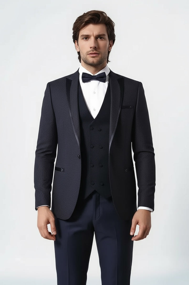 Nokta Desenli Yelekli Koyu Lacivert Damatlık - Wessi