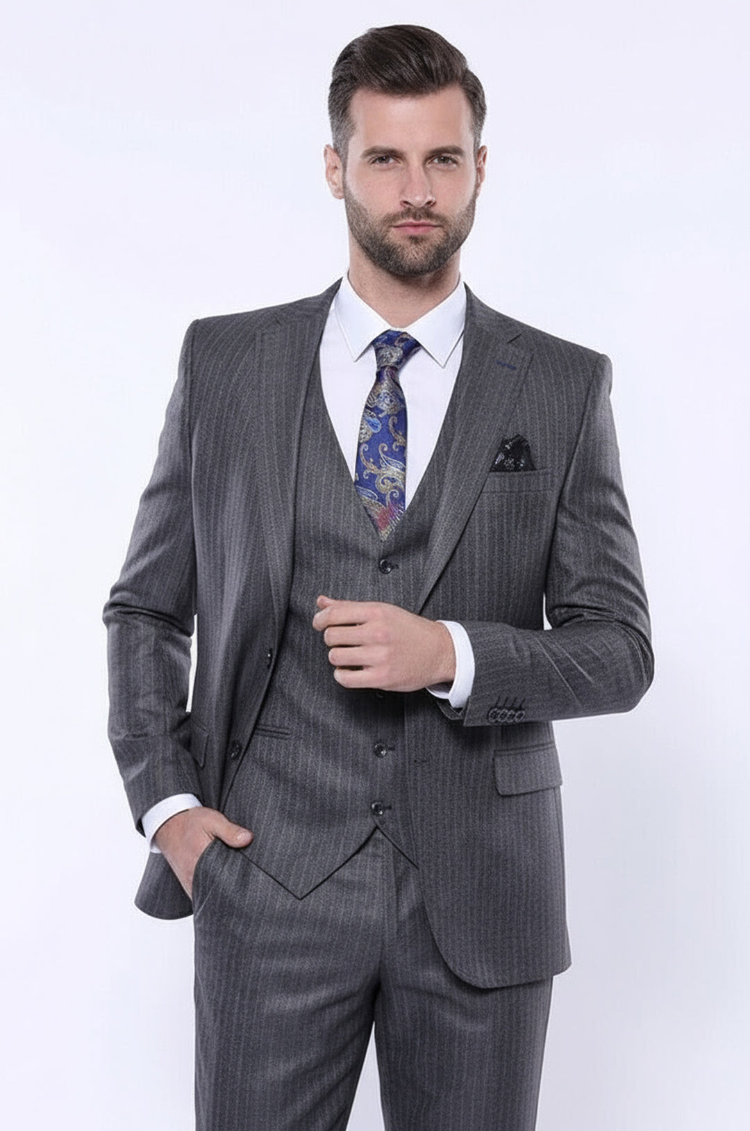 Çizgili Slim Fit Gri Yelekli Takım Elbise | Wessi - Wessi