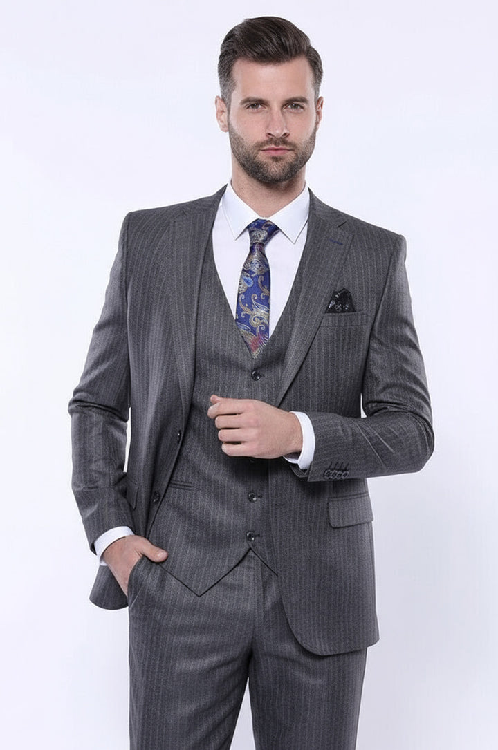 Çizgili Slim Fit Gri Yelekli Takım Elbise | Wessi - Wessi