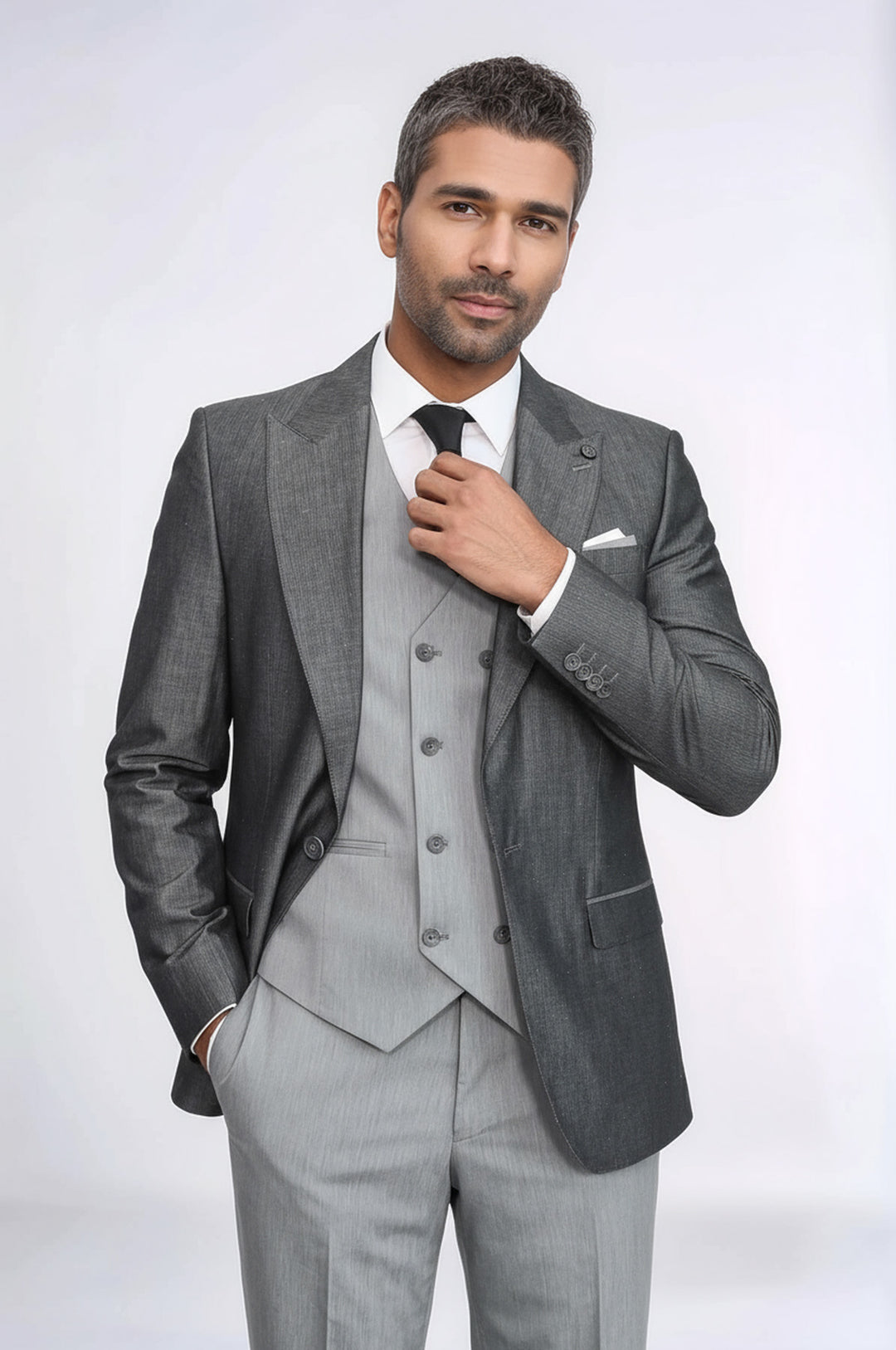 Çizgili Füme Ceket Gri Yelekli Takım Elbise - Wessi