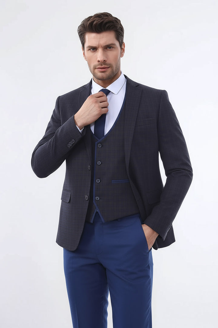 Ekose Yelekli Kışlık Kahverengi Takım Elbise | Wessi