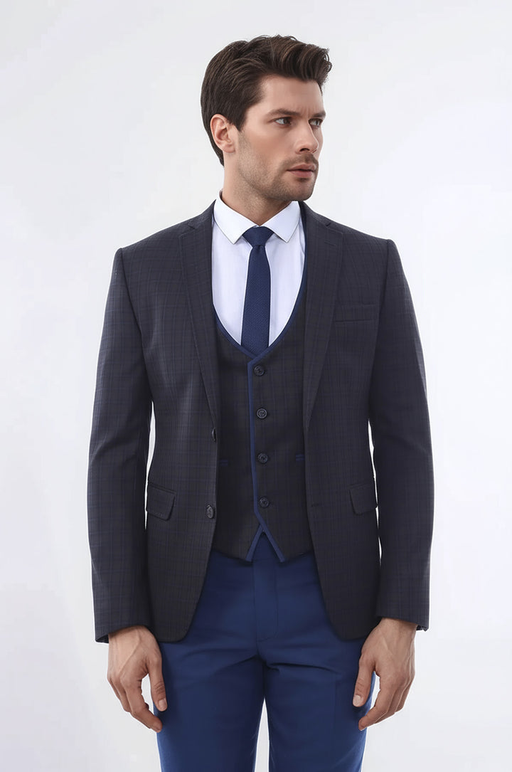 Ekose Yelekli Kışlık Kahverengi Takım Elbise | Wessi