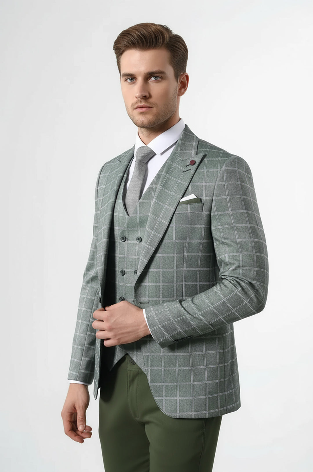 Ekose Yeşil Kombinli Yelekli Takım Elbise | Wessi