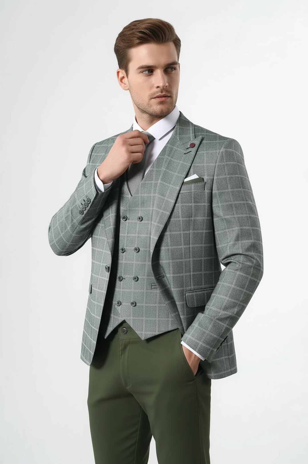 Ekose Yeşil Kombinli Yelekli Takım Elbise | Wessi