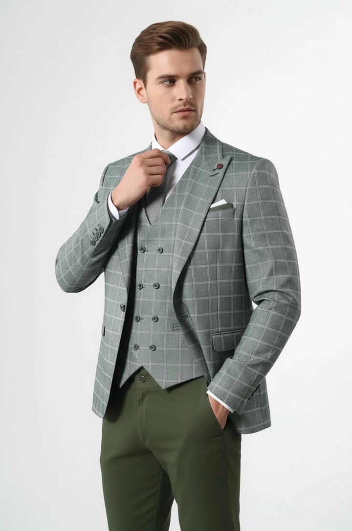 Ekose Yeşil Kombinli Yelekli Takım Elbise | Wessi