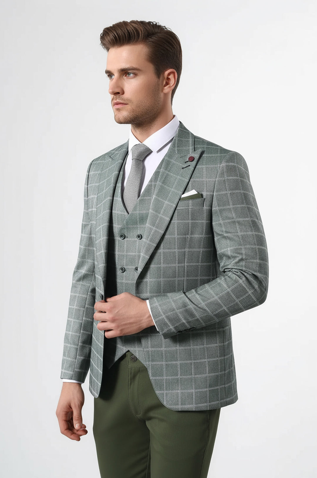 Ekose Yeşil Kombinli Yelekli Takım Elbise | Wessi