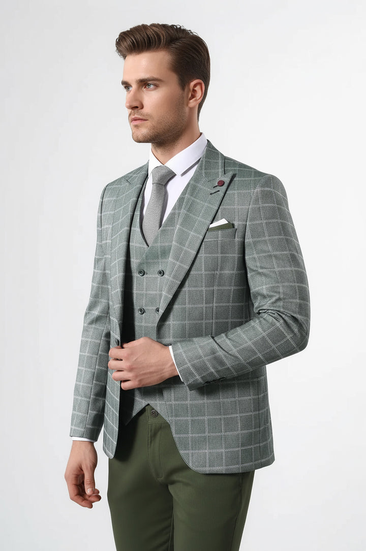 Ekose Yeşil Kombinli Yelekli Takım Elbise | Wessi